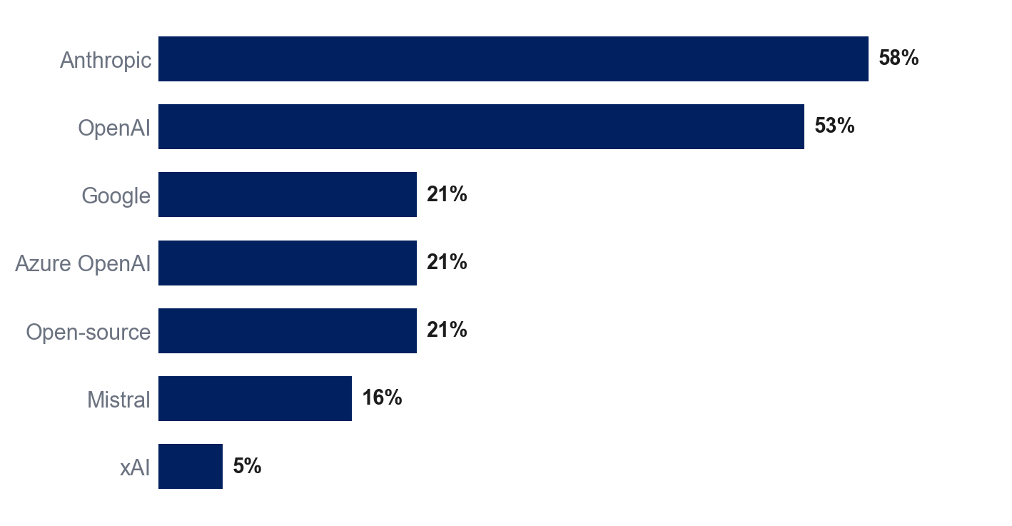 Provider adoption as a share of the 19 organizations: Anthropic 58%, OpenAI 53%, Google, Azure OpenAI and open-source 21% each, Mistral 16%, xAI 5%.